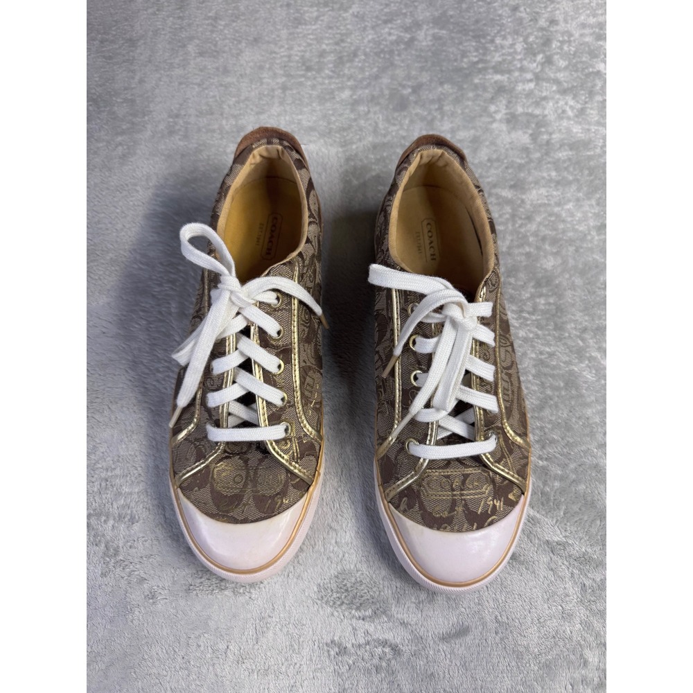 Coach Barrett Signature Khaki Gold Monogram Sneakers Shoes Q675 Womens 10B